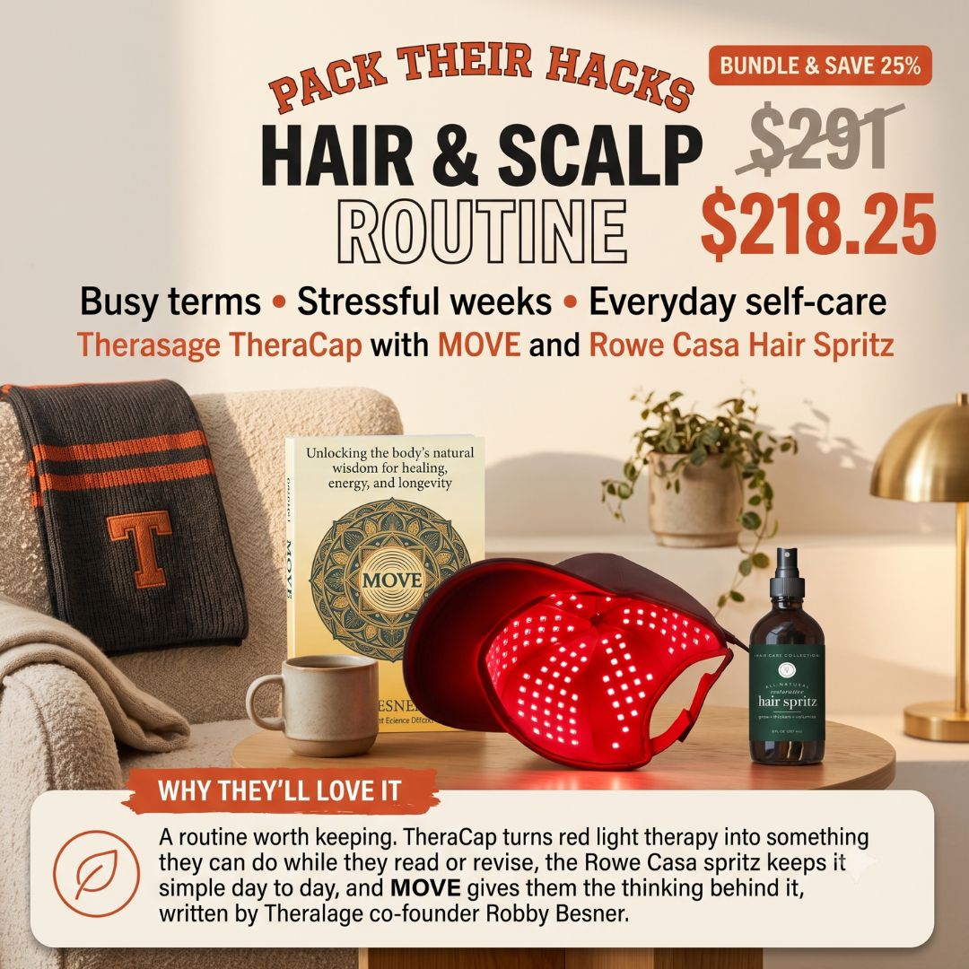 Hair and Scalp Routine bundle: Therasage TheraCap with MOVE book and Rowe Casa hair spritz.