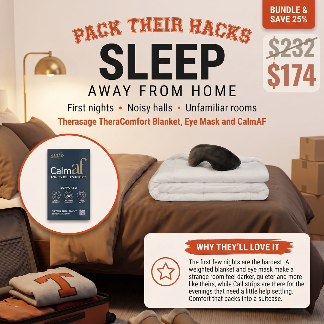 Sleep Away From Home bundle: Therasage TheraComfort Blanket, Eye Mask and CalmAF strips.
