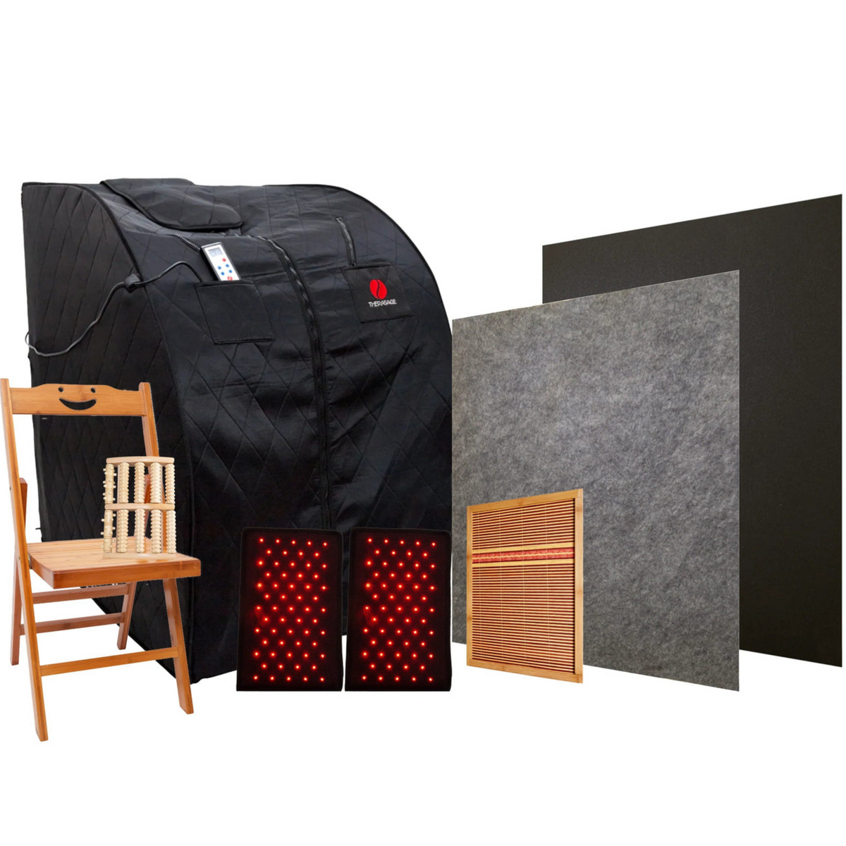 Thera360 Plus sauna enclosure, wooden chair and panels displayed separately.