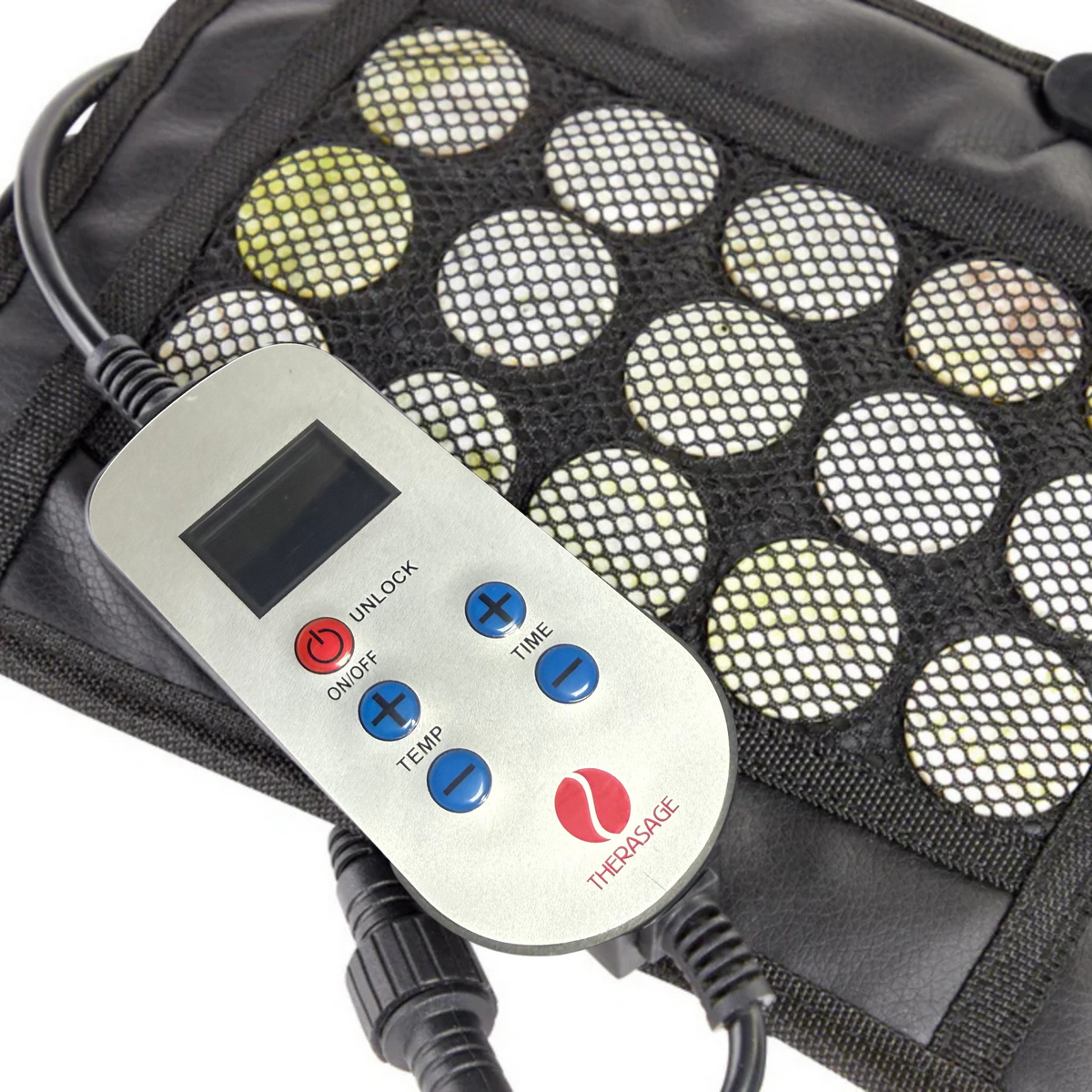 Close-up of an infrared heating pad and its handheld temperature and timer controller.