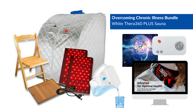 Overcoming Chronic Illness Bundle; Thera360 PLUS White Personal Infrared Sauna, TheraO3 Ozone Module, TheraH2O Cellular Hydrating Water Pitcher & TheraProtect Cell Phone EMF Remediation & Infrared for Optimal Health eBook